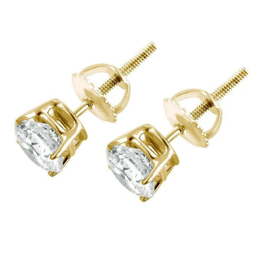 1 1/2 Cttw Yellow Gold Round Cut IGI Certified Diamond Studs Earrings Screw Back