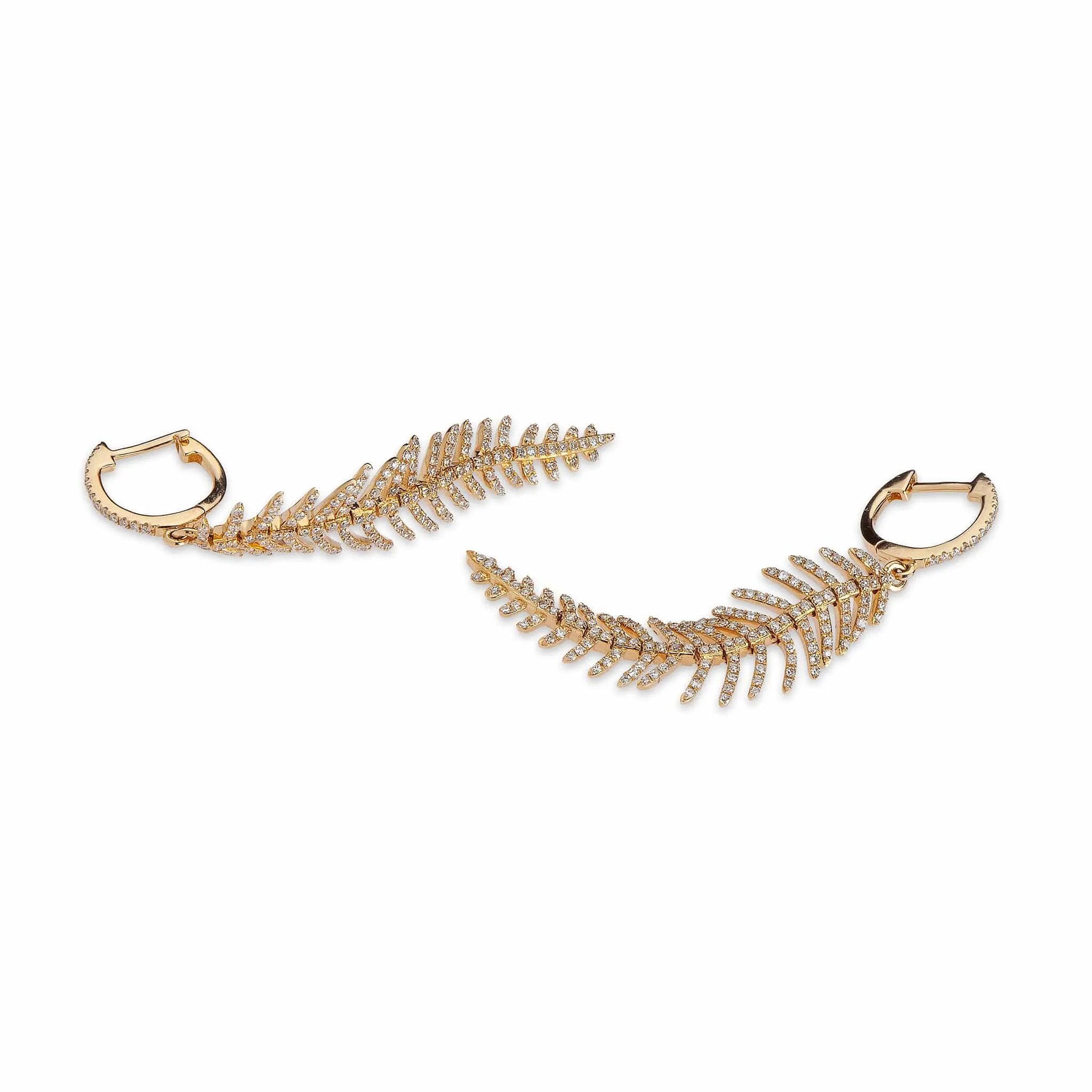 14K Gold Diamond Feather Earrings Drop +result+