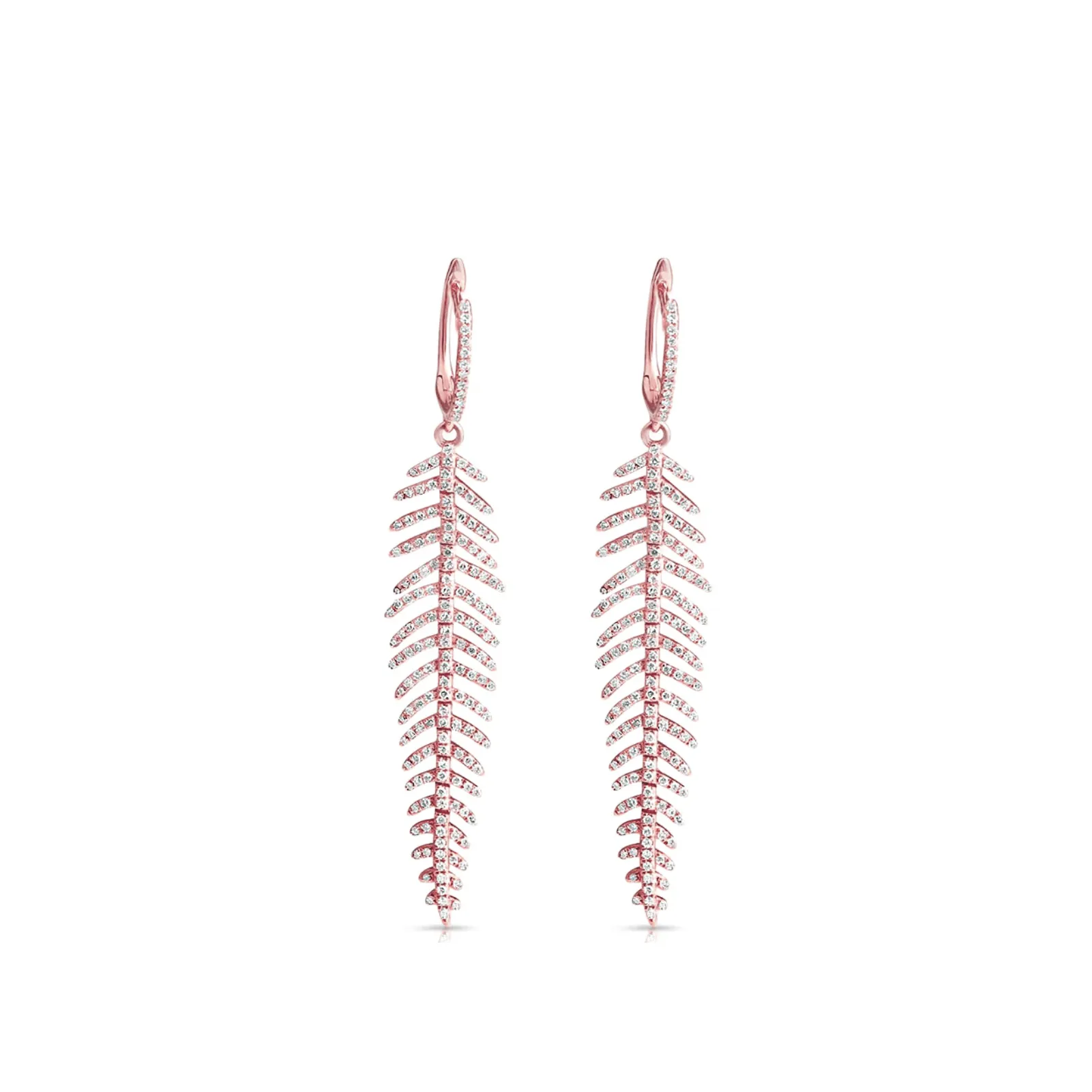 14K Gold Diamond Feather Earrings Drop +result+