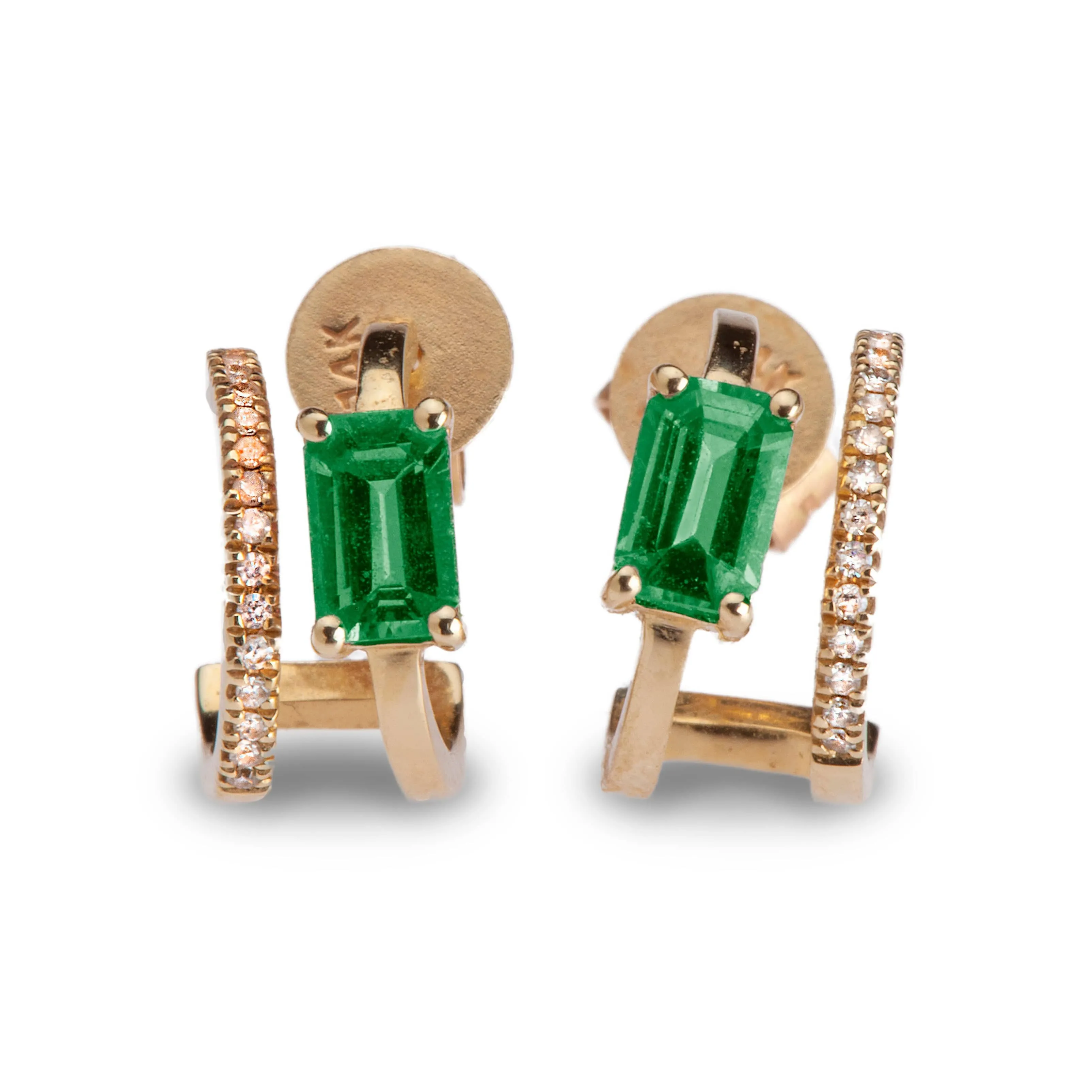 14K gold emerald diamond double hoop earrings