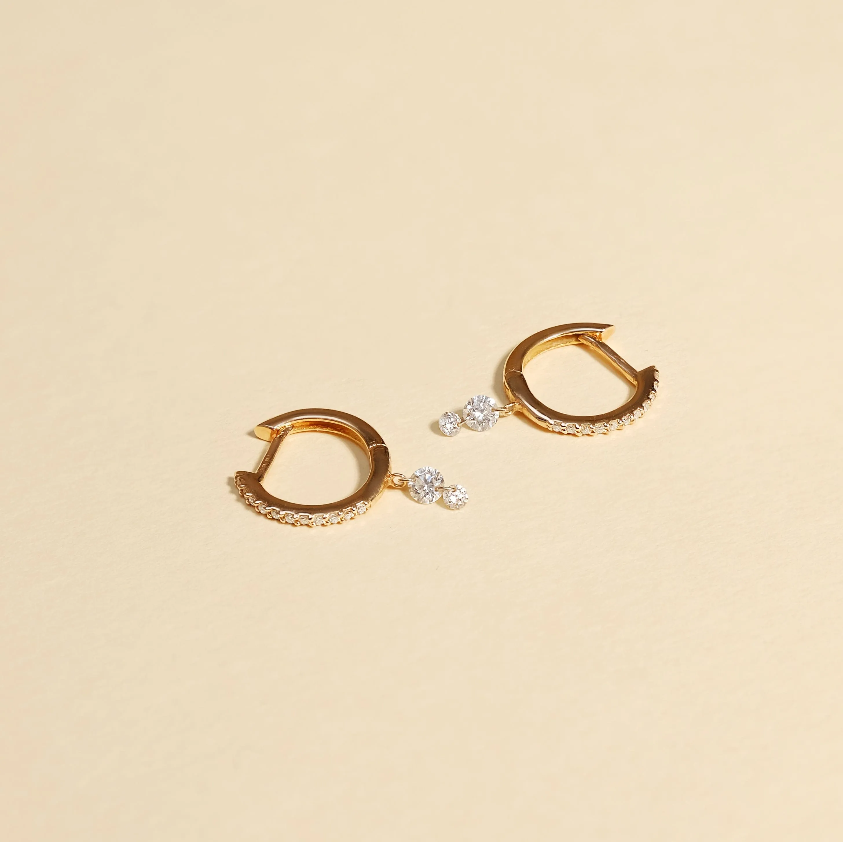 18K Gold Double Diamond Huggie Hoop Earrings with Drilled Holes