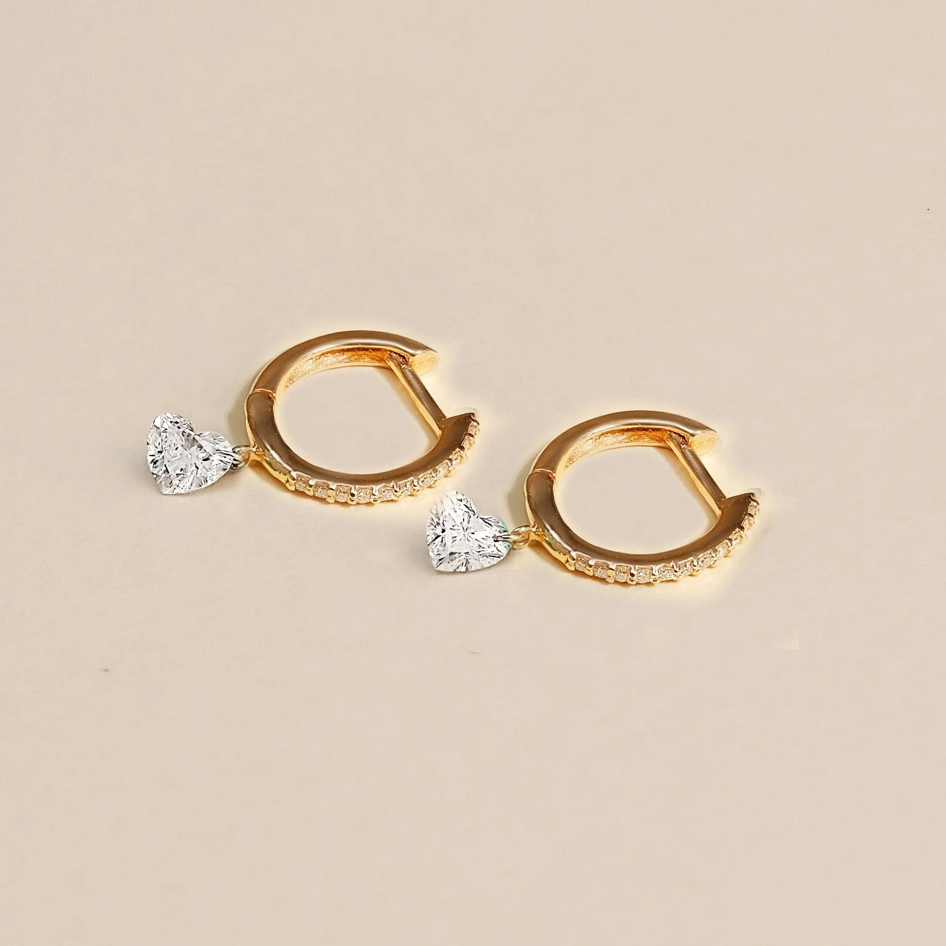 18K Gold Heart Diamond Huggie Hoops Earrings