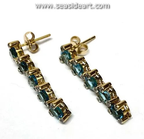 18K Yellow Gold Dangle Earrings-Diamond & Blue Topaz