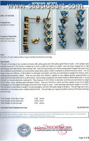 18K Yellow Gold Dangle Earrings-Diamond & Blue Topaz