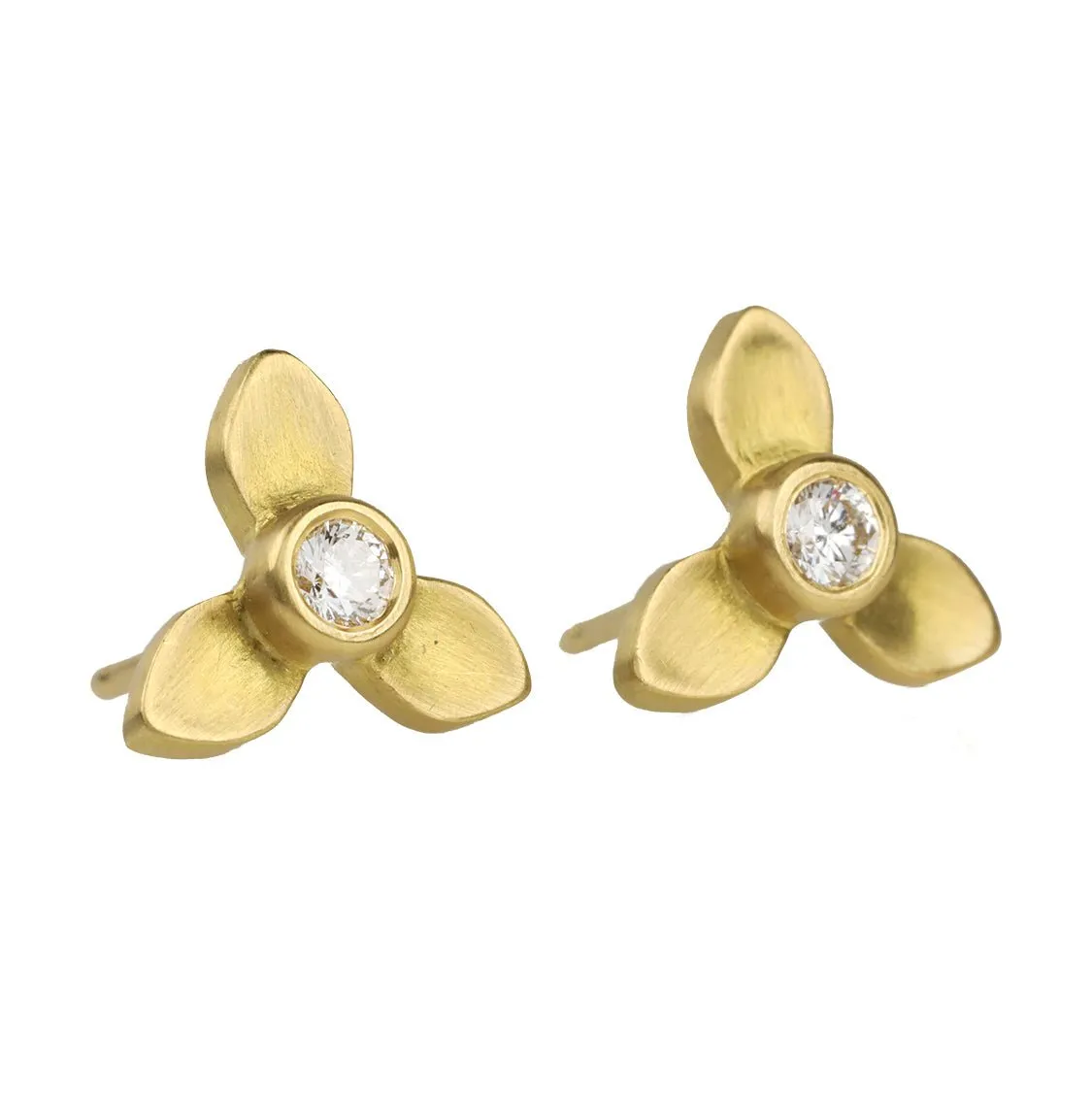 20K Gold Large Three-Petal Flower & Diamond Studs