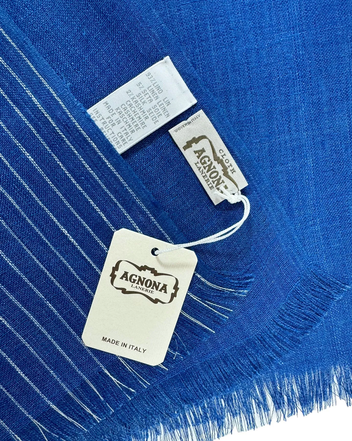 Agnona Scarf Royal Blue White Stripes - Luxury Linen Silk Cashmere Shawl