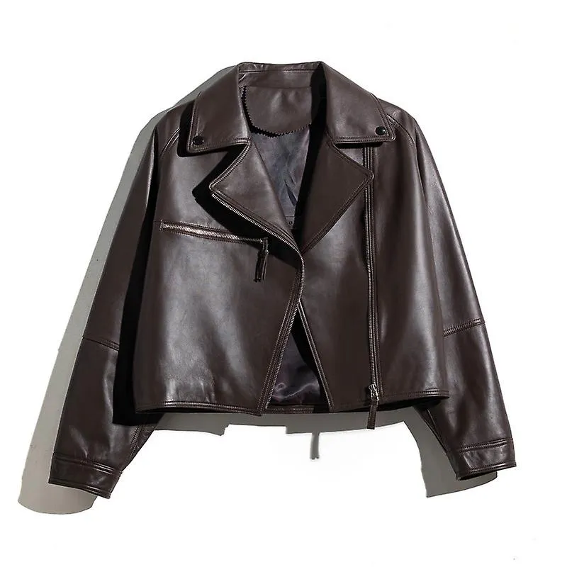 Brown Genuine Leather Jacket Women - Oversize Motorcycle Short Coat Moto Biker Blazer Casual Pleather Jackets