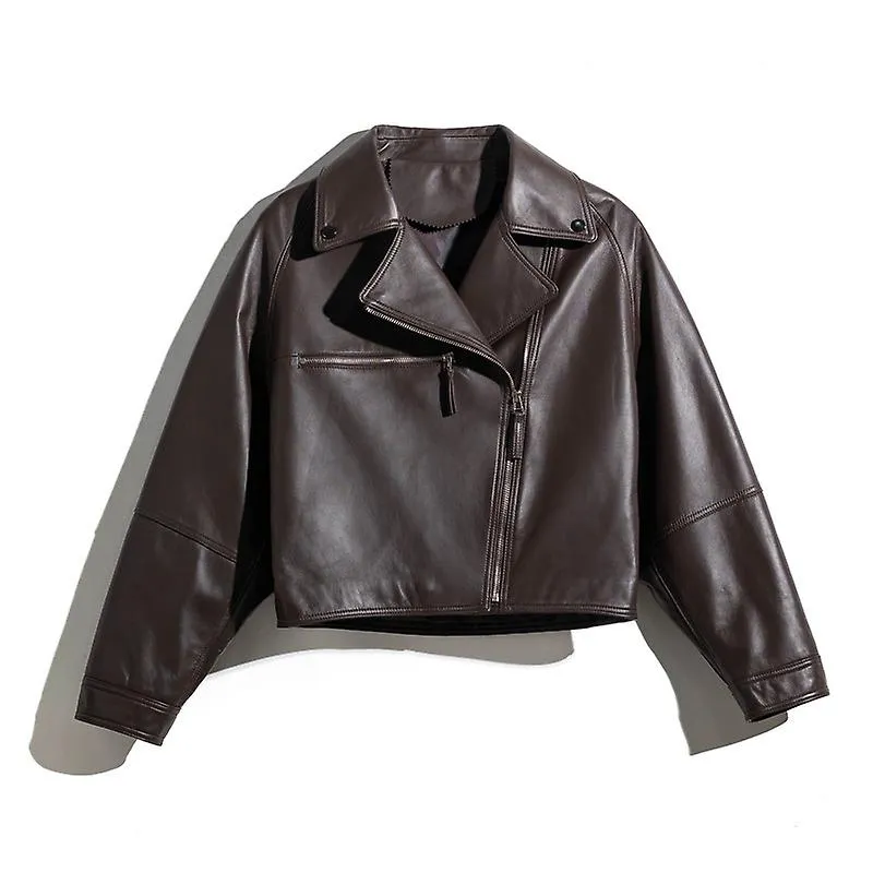 Brown Genuine Leather Jacket Women - Oversize Motorcycle Short Coat Moto Biker Blazer Casual Pleather Jackets