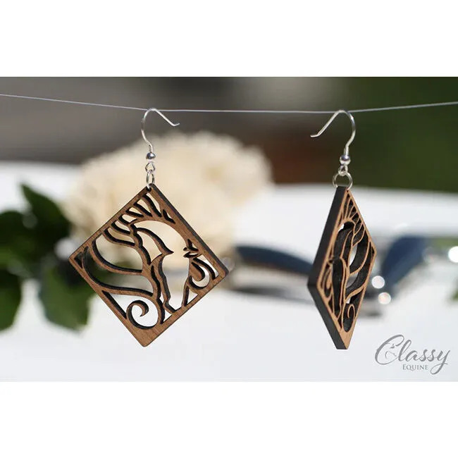 Classy Equine Earrings - Diamond Horse Head - Cherry Hardwood