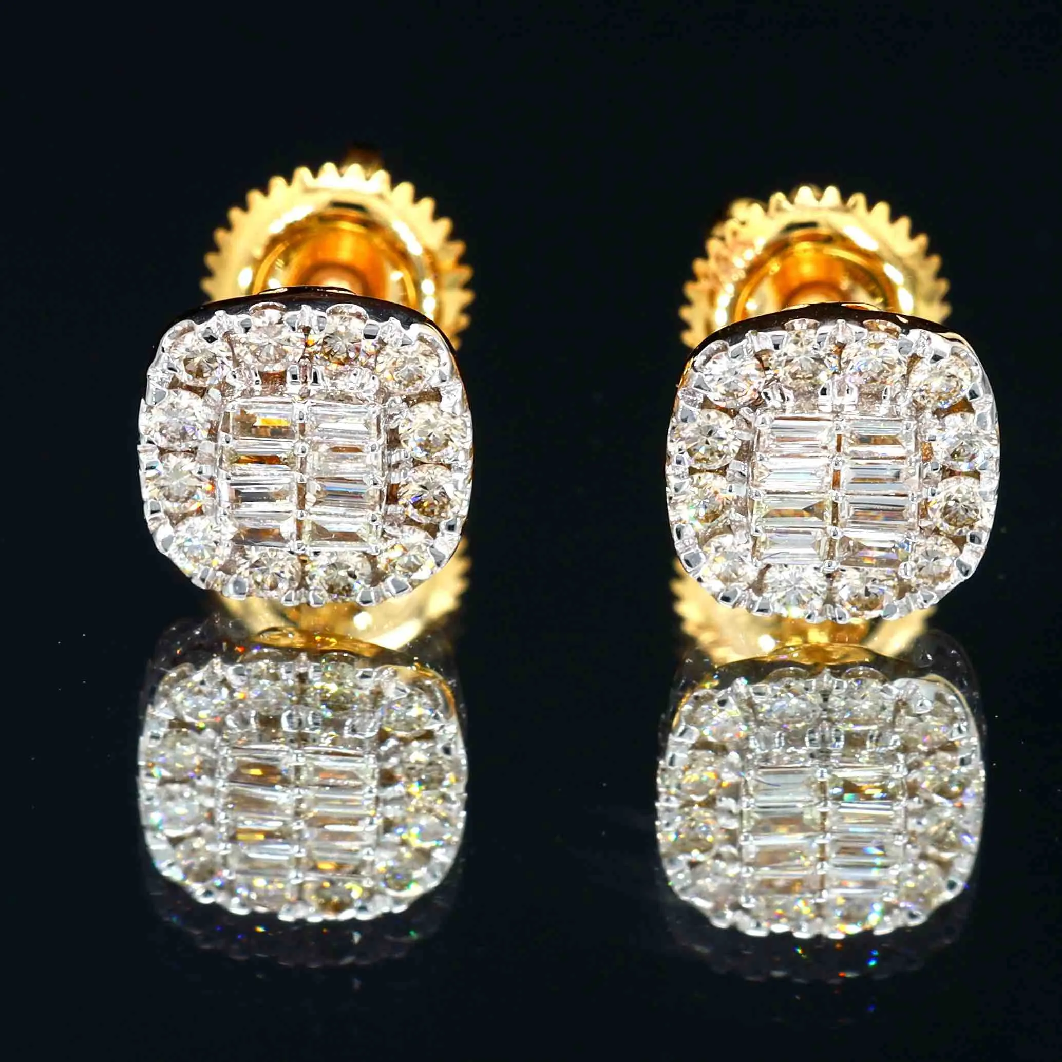 Cushion Halo Baguette Diamond Earrings Solid 14K Gold