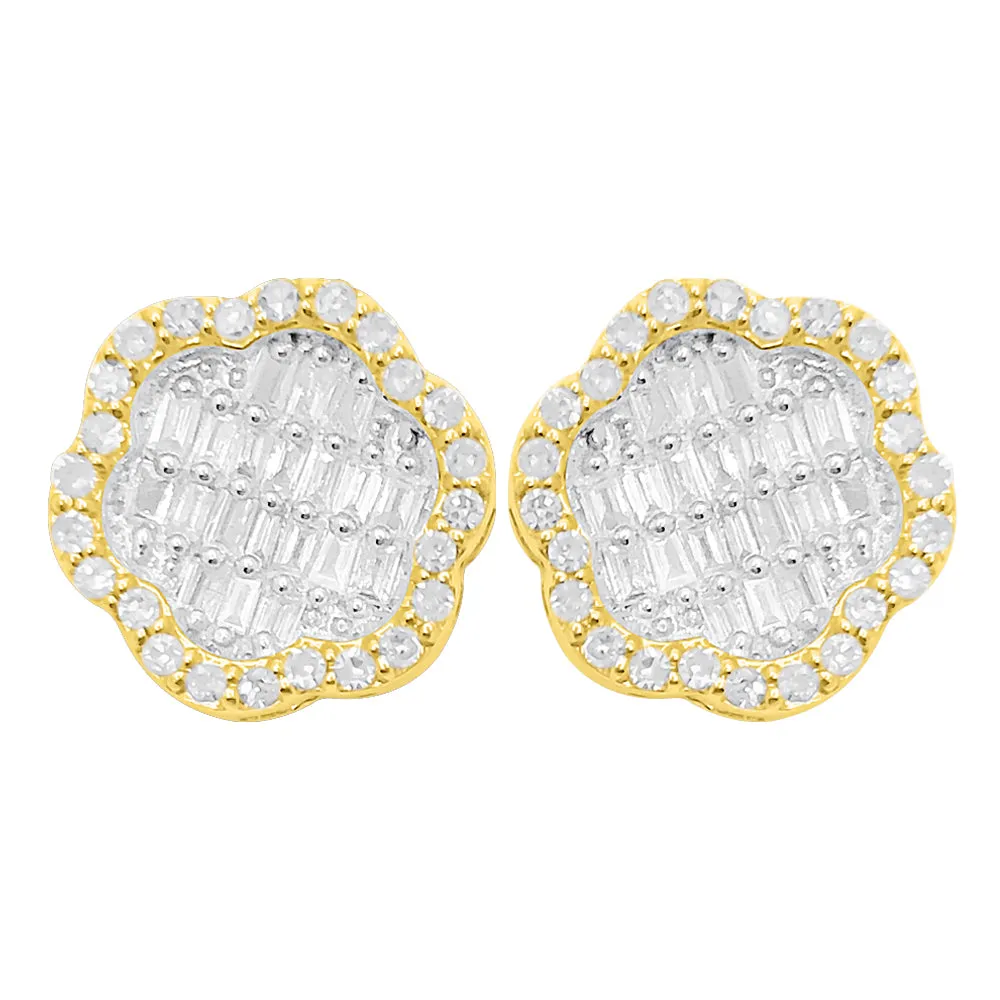 Flower Baguette Diamond Earrings .37cttw 10K Yellow Gold