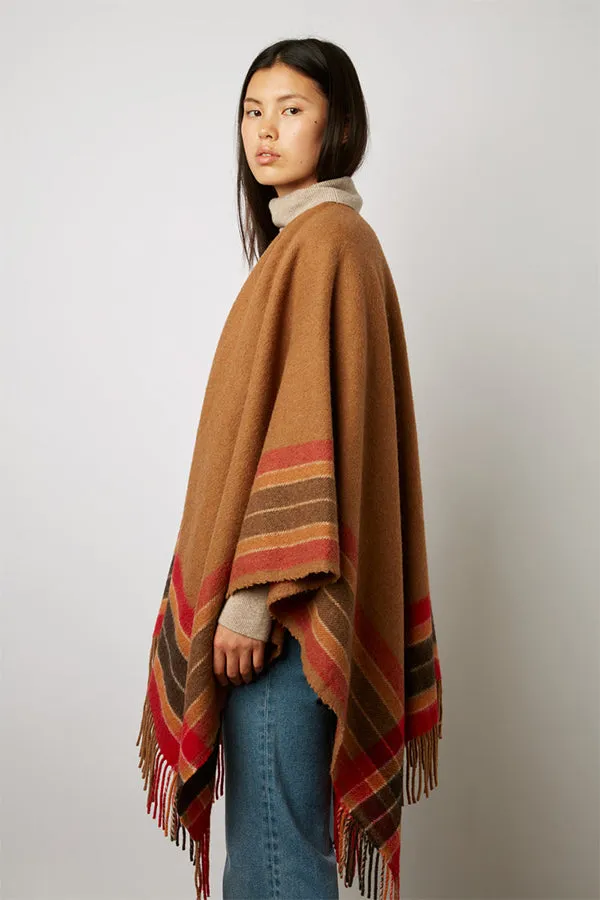 Gerard Darel GEENA CAMEL STRIPED AND FRINGED WOOL PONCHO