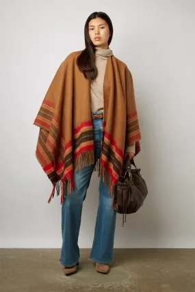 Gerard Darel GEENA CAMEL STRIPED AND FRINGED WOOL PONCHO