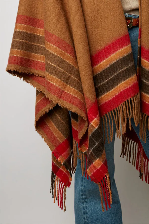 Gerard Darel GEENA CAMEL STRIPED AND FRINGED WOOL PONCHO