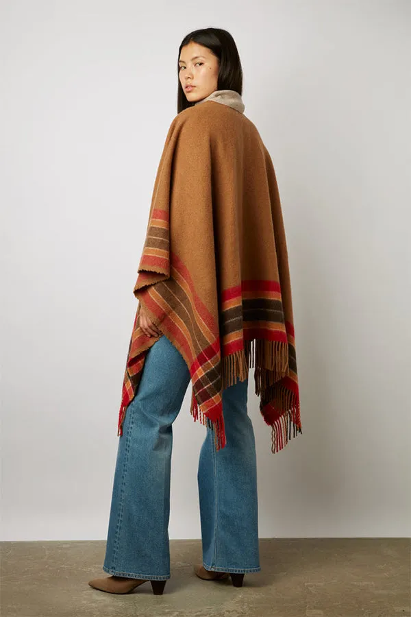 Gerard Darel GEENA CAMEL STRIPED AND FRINGED WOOL PONCHO