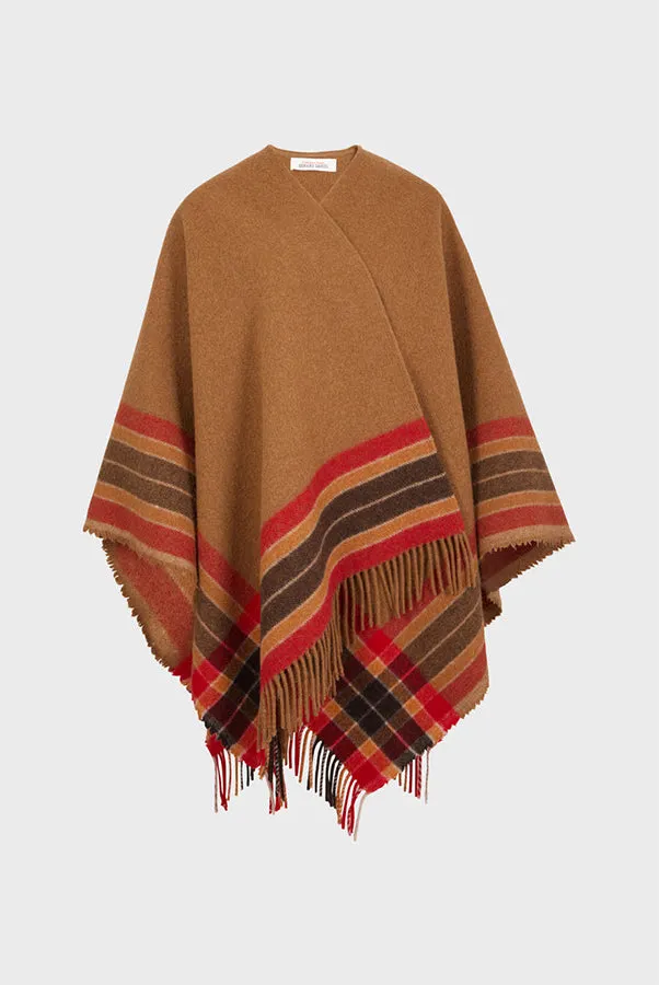 Gerard Darel GEENA CAMEL STRIPED AND FRINGED WOOL PONCHO