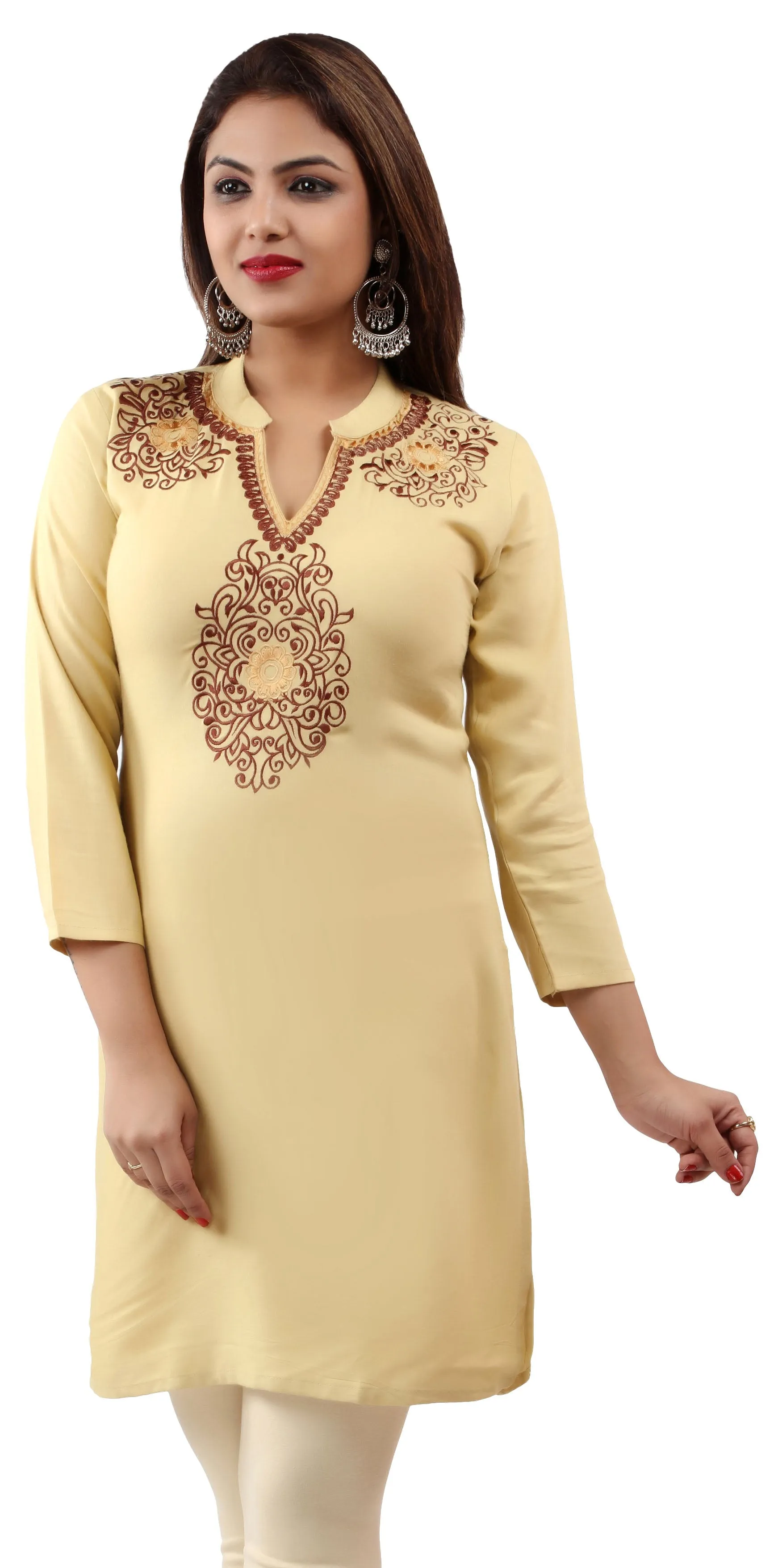 India Women's Tunic Top Kurti Embroidered Indian Clothing (Light Gold, XS)