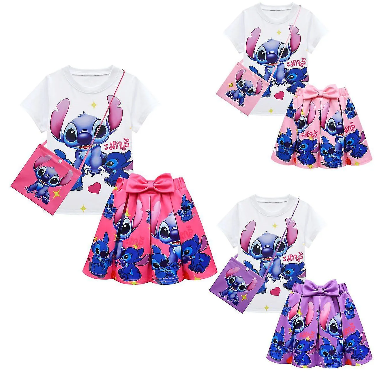 Kids Girls Lilo And Stitch T-shirt+pleated Skirts+bags Outfit Set