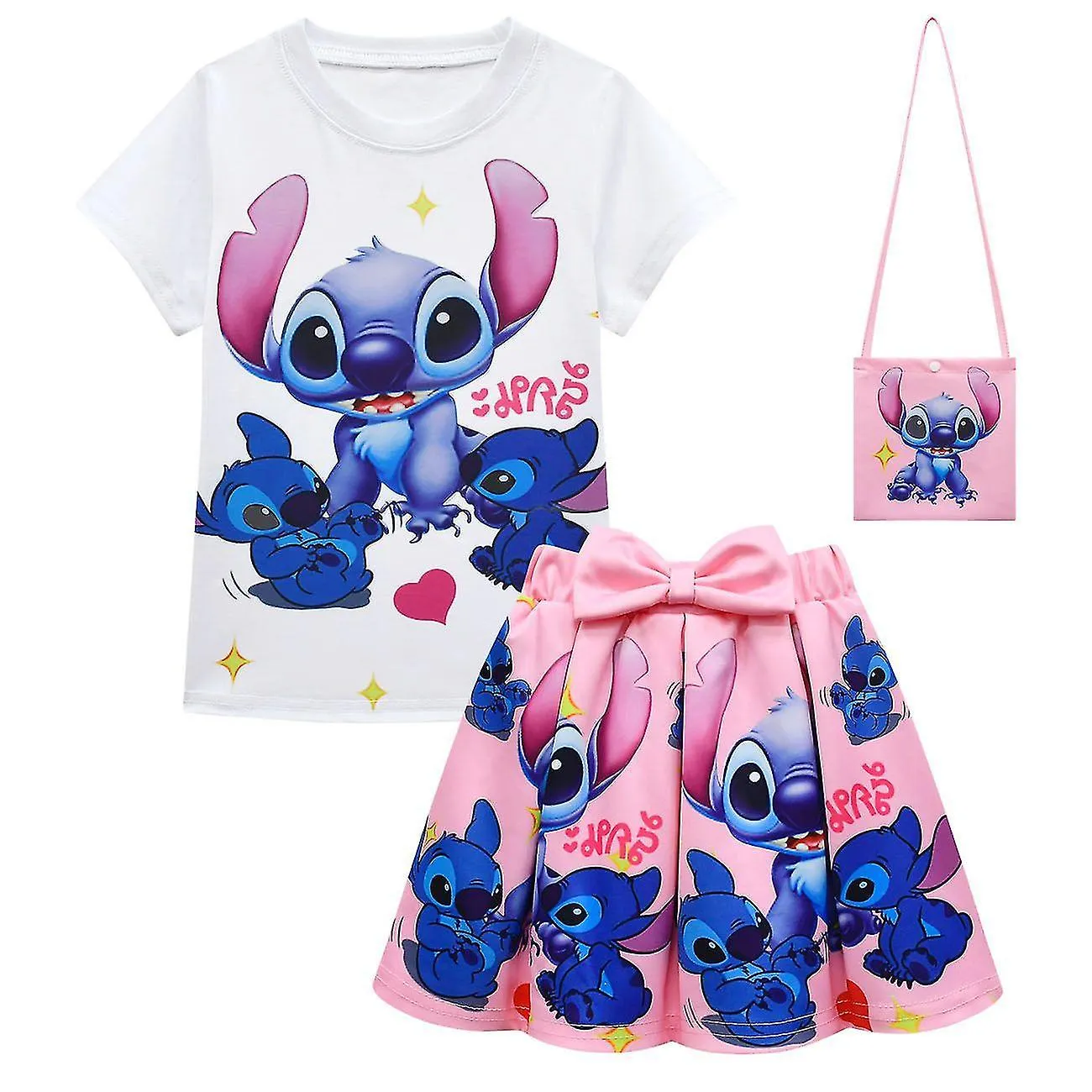 Kids Girls Lilo And Stitch T-shirt+pleated Skirts+bags Outfit Set