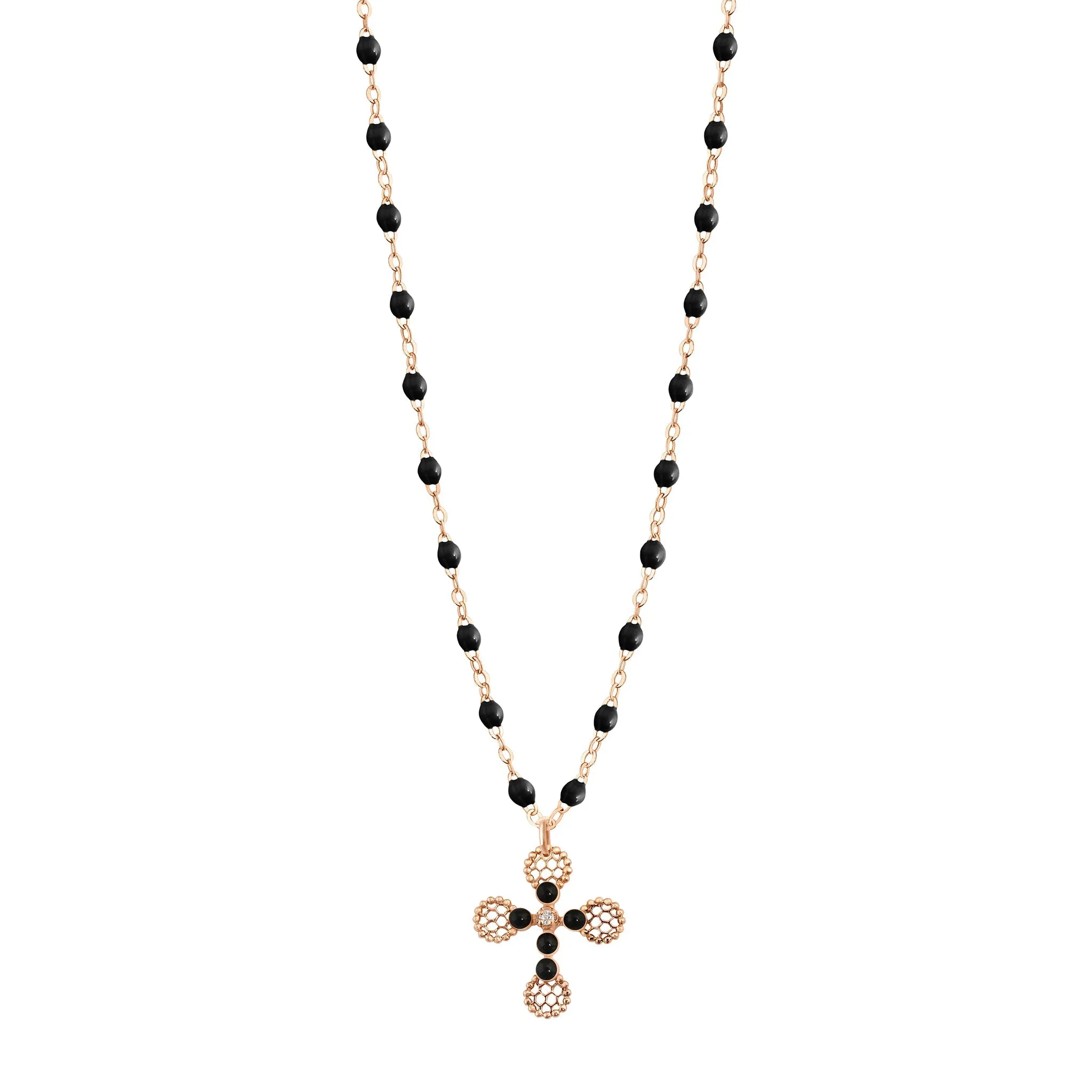 Lace Cross Diamond Necklace, Black, Rose Gold, 16.5