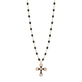 Lace Cross Diamond Necklace, Black, Rose Gold, 16.5