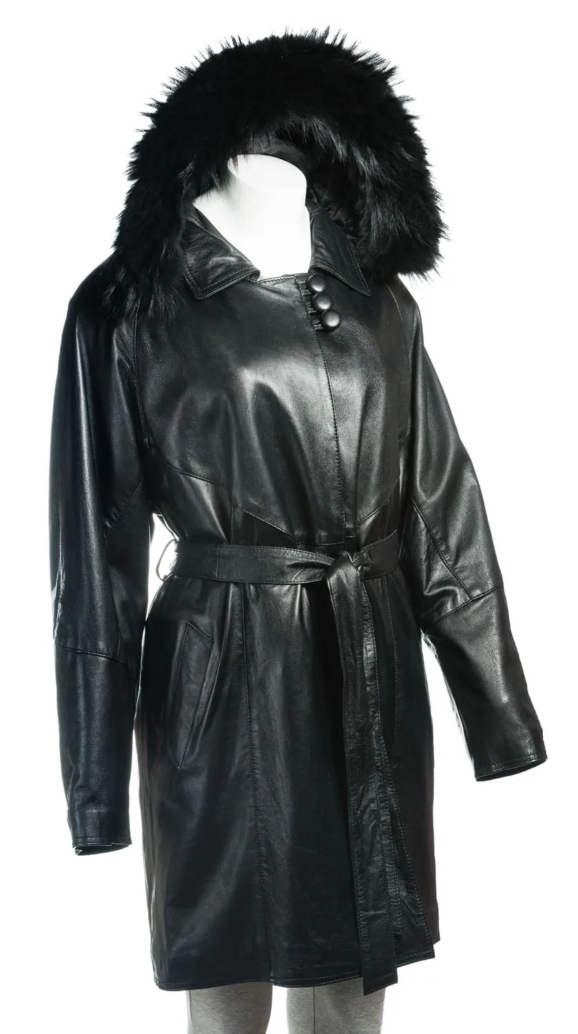 Ladies Black Belted Full Length Coat with Detachable Lining and Fur Trimmed Hood: Valentina