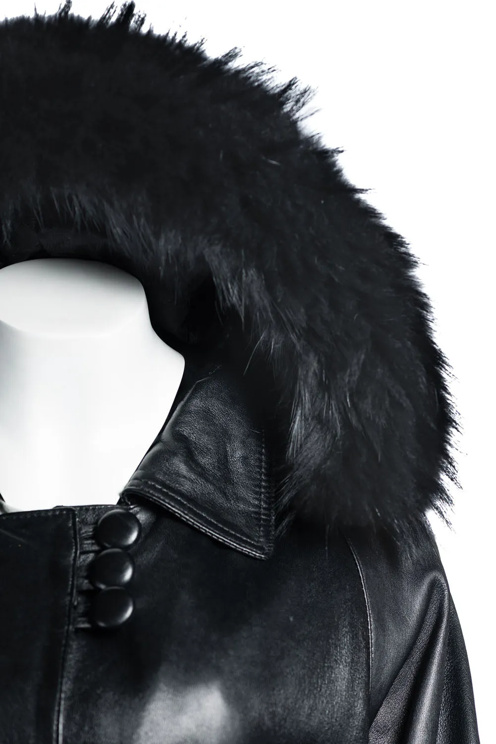 Ladies Black Belted Full Length Coat with Detachable Lining and Fur Trimmed Hood: Valentina