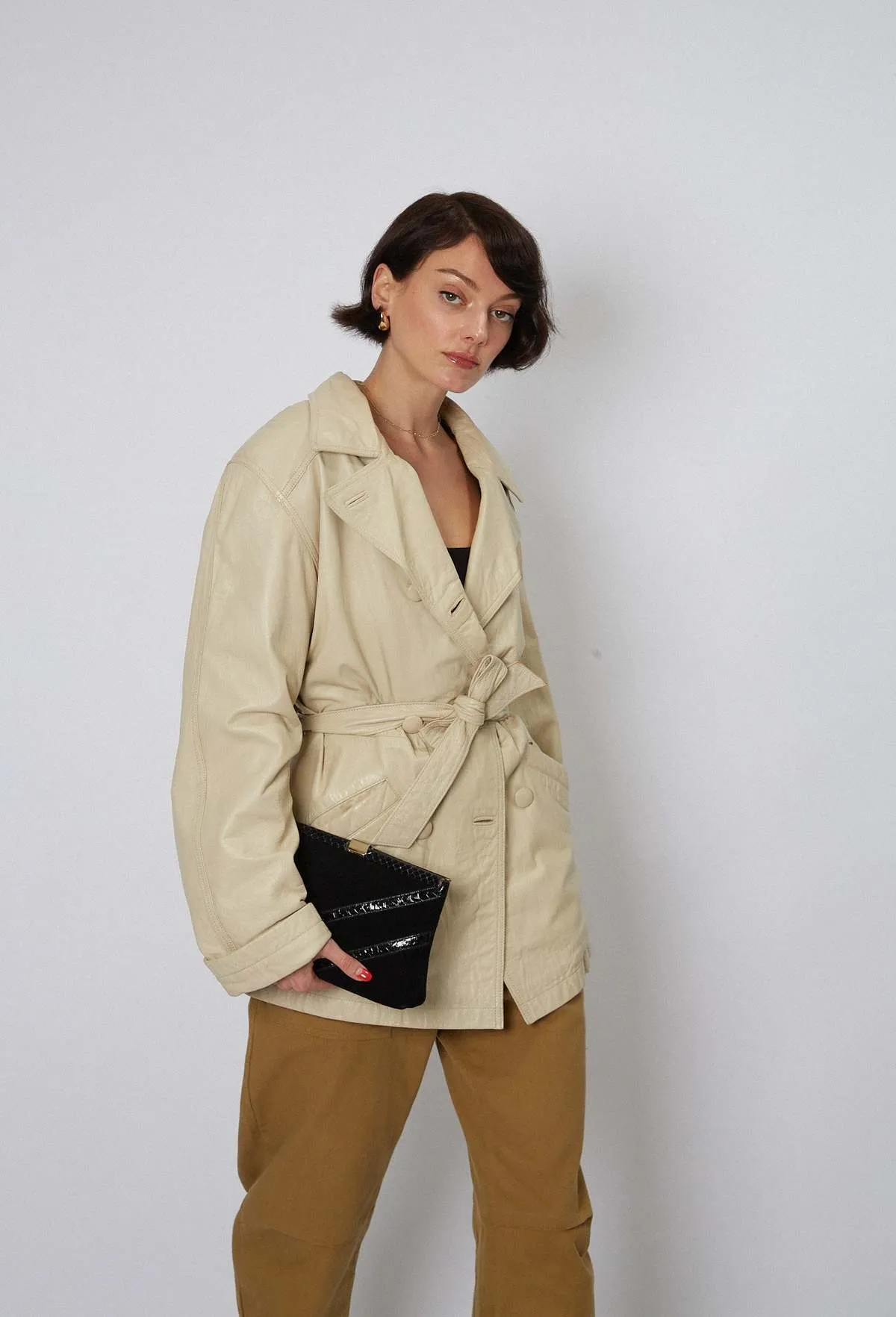 Leather Pea Coat - Cream