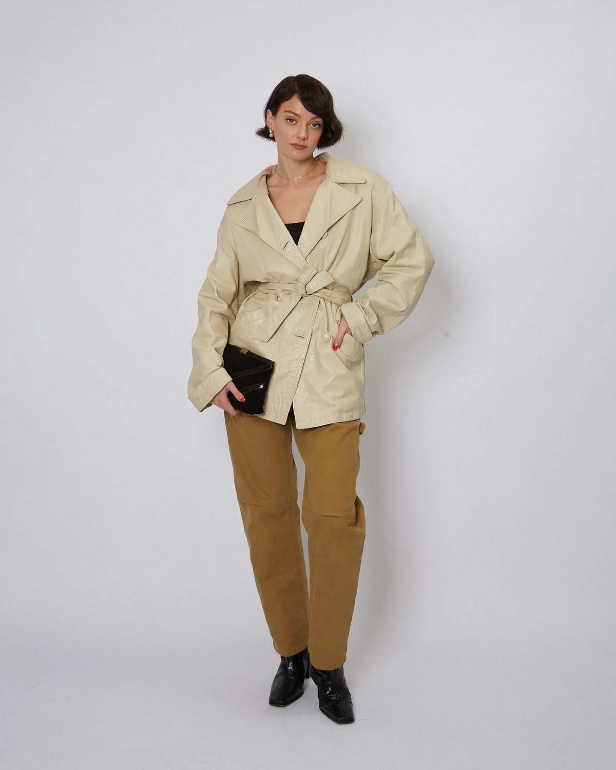 Leather Pea Coat - Cream