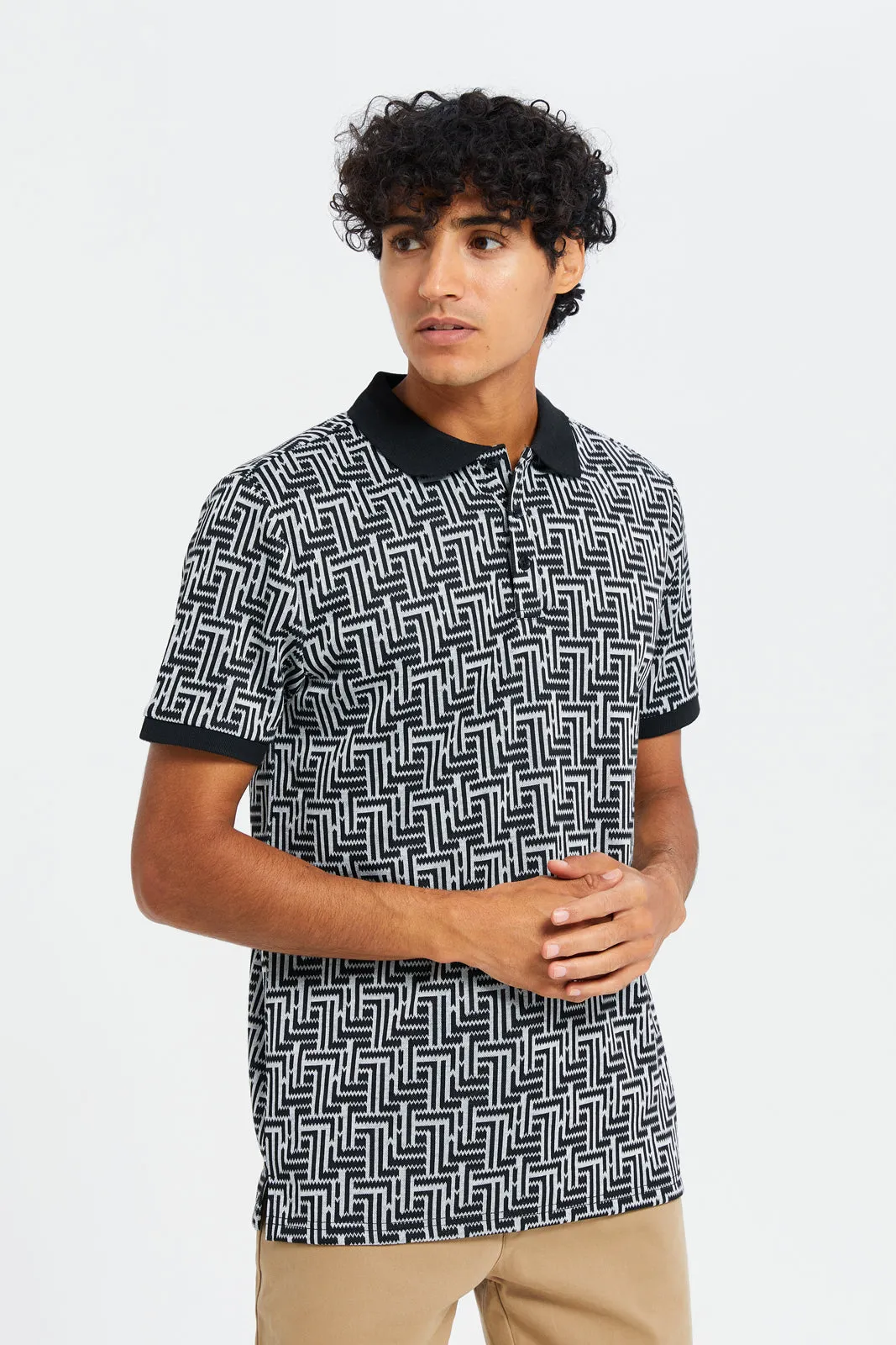 Men Black Print Luxe Jacquard Polo Shirt