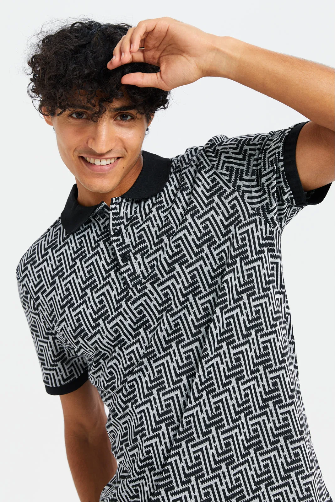 Men Black Print Luxe Jacquard Polo Shirt