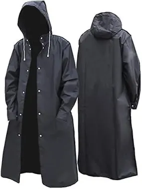 Men Black Waterproof Long Raincoat, Rain Coat Hooded Trench Jacket, Outdoor Hiking Motorcycle Rain Coat