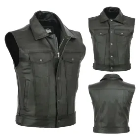 Men Fashion Sleeveless Coat Casual Solid Vest Motorcycle Fleet Punk Leather Vest Top Zipper Lapel Co