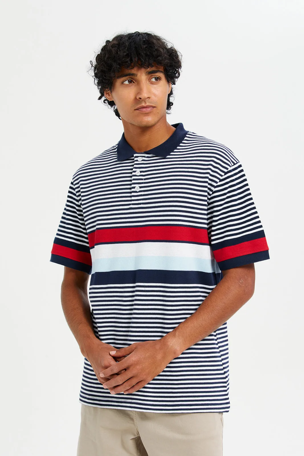 Men Grey And Red Striped Polo Shirt