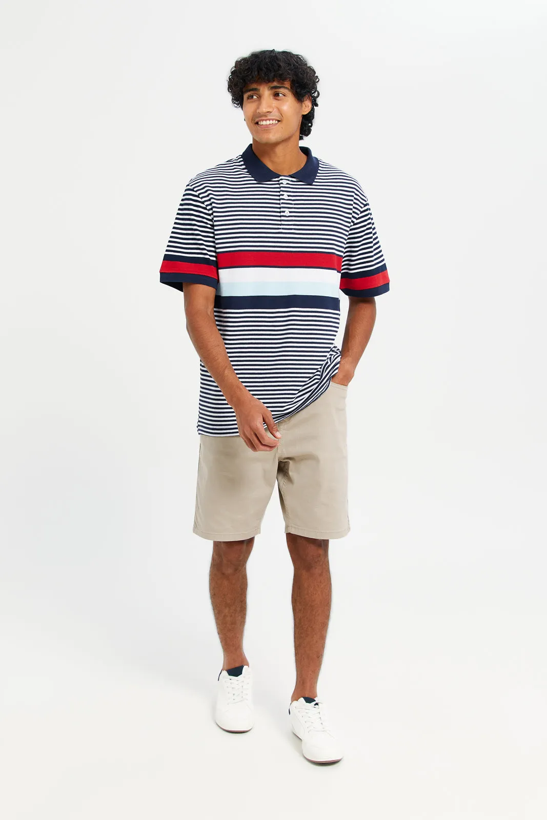 Men Grey And Red Striped Polo Shirt