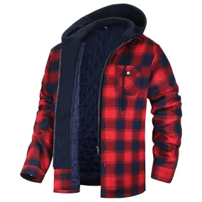 Men's Plaid Flannel Jacket with Hood, Zip Up Flannel Shirt Jackets-Red and Black