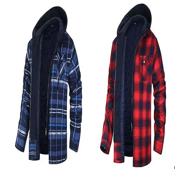 Men's Plaid Flannel Jacket with Hood, Zip Up Flannel Shirt Jackets-Red and Black