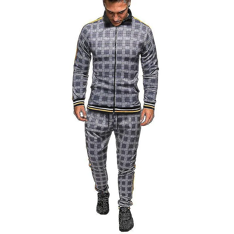 Men's Plaid Sweatsuit Sets Track Jackets And Pants 2 Piece Outfit