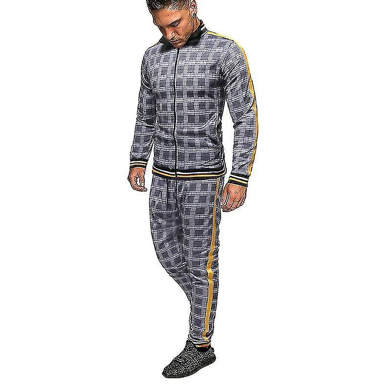 Men's Plaid Sweatsuit Sets Track Jackets And Pants 2 Piece Outfit