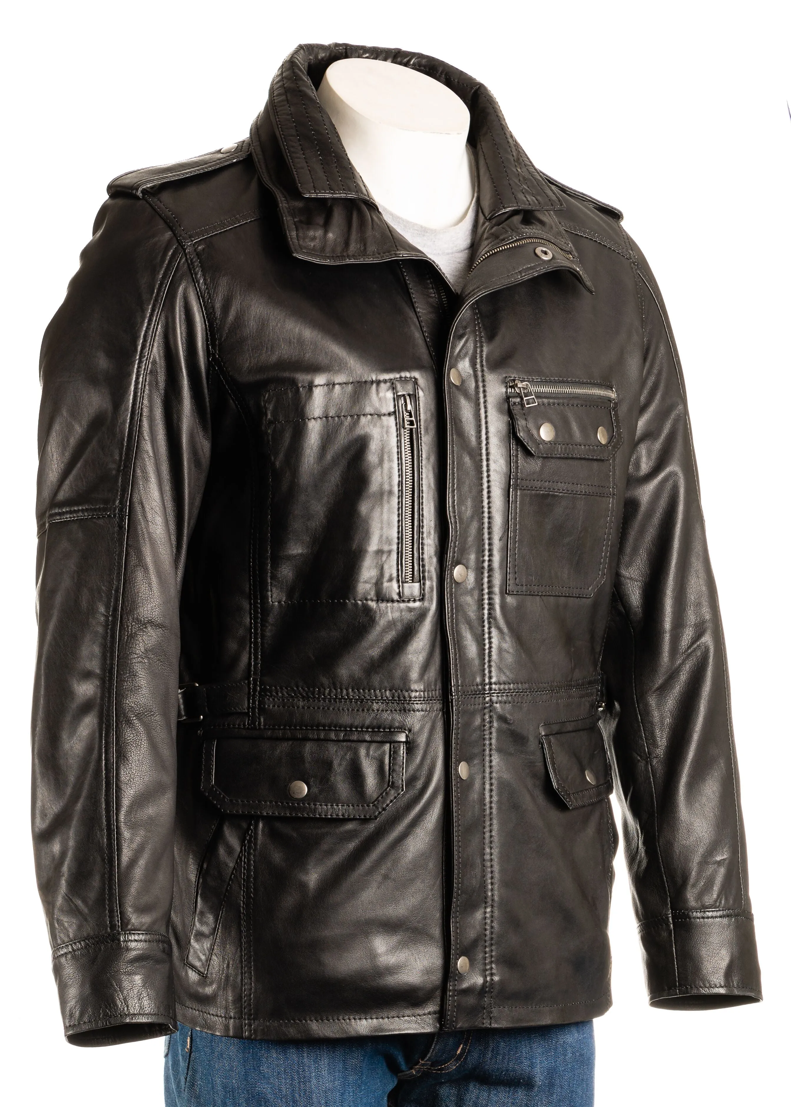 Men's Black Double-Collared Leather Coat: Pasquale