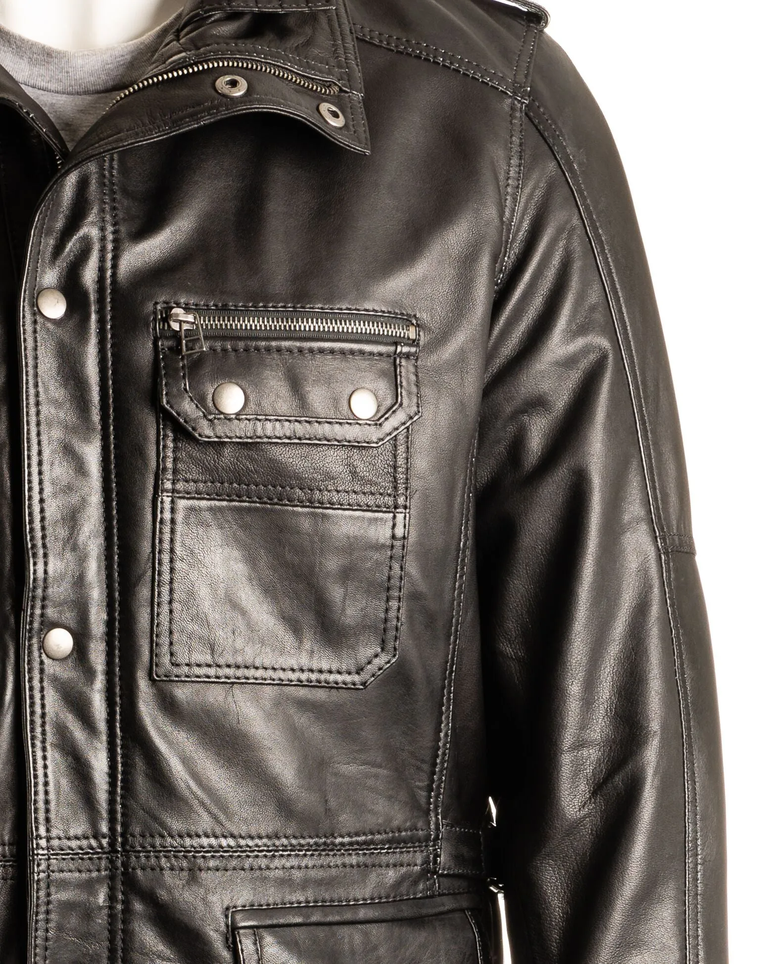 Men's Black Double-Collared Leather Coat: Pasquale