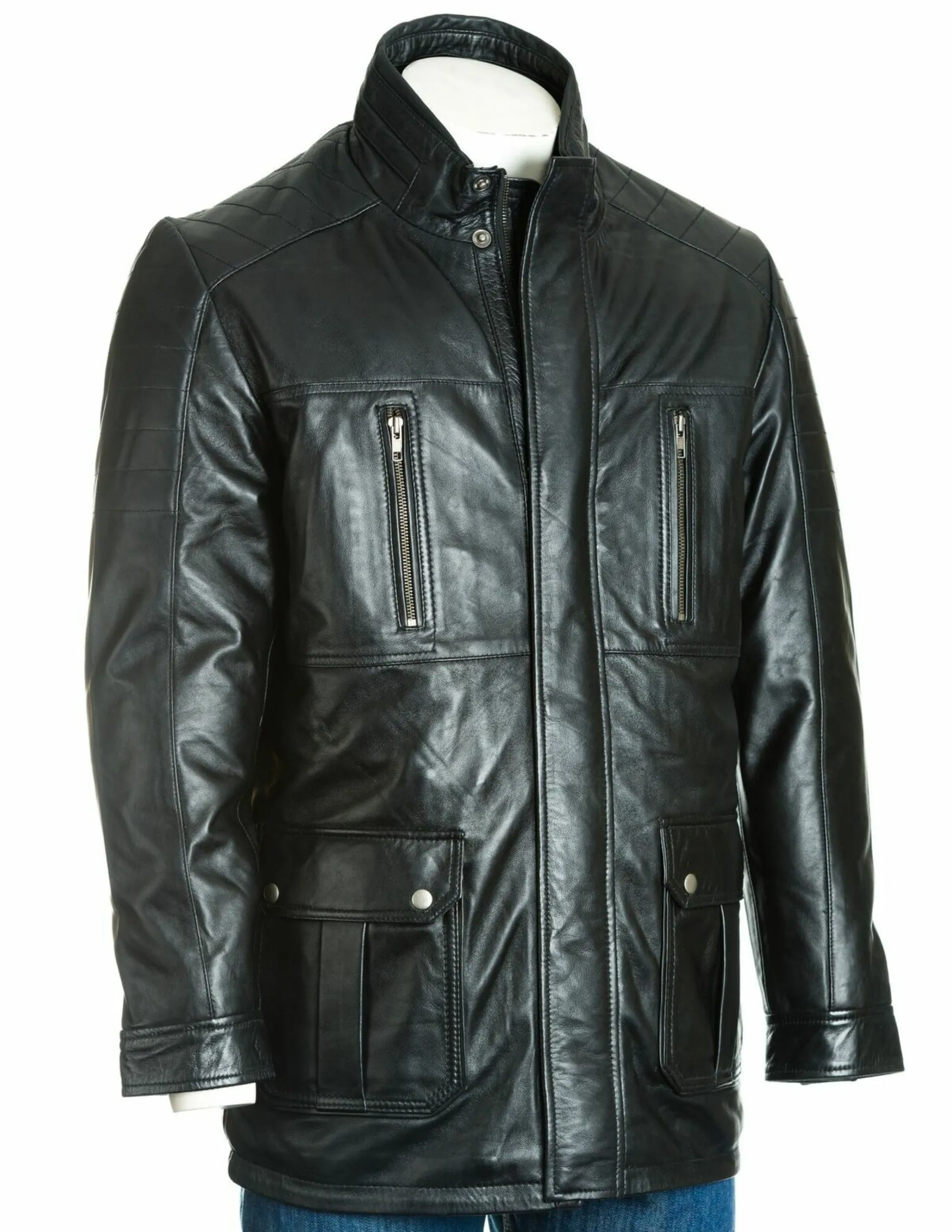 Men's Black Leather Coat With Shoulder Panel Stitch Detail: Enrico