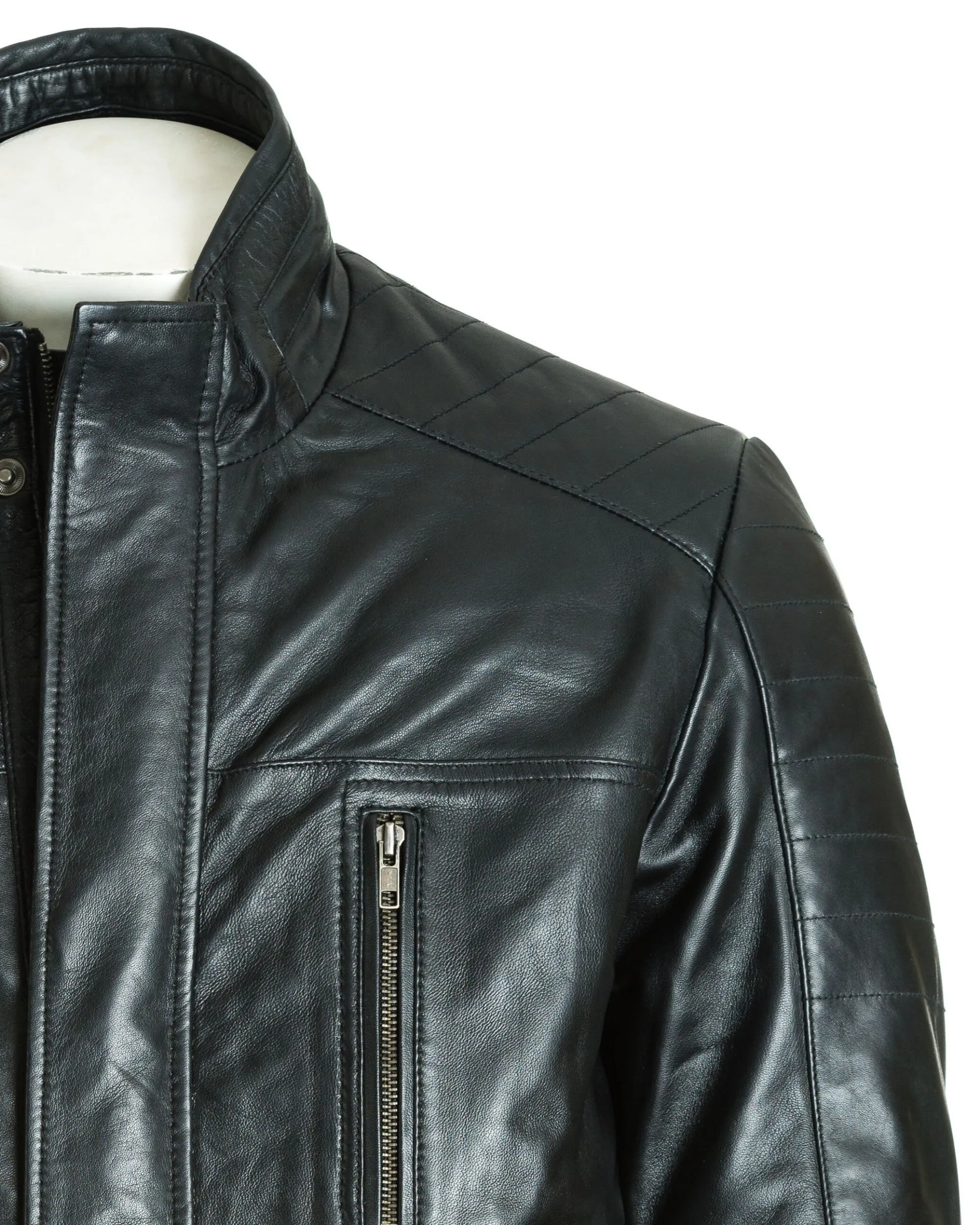 Men's Black Leather Coat With Shoulder Panel Stitch Detail: Enrico