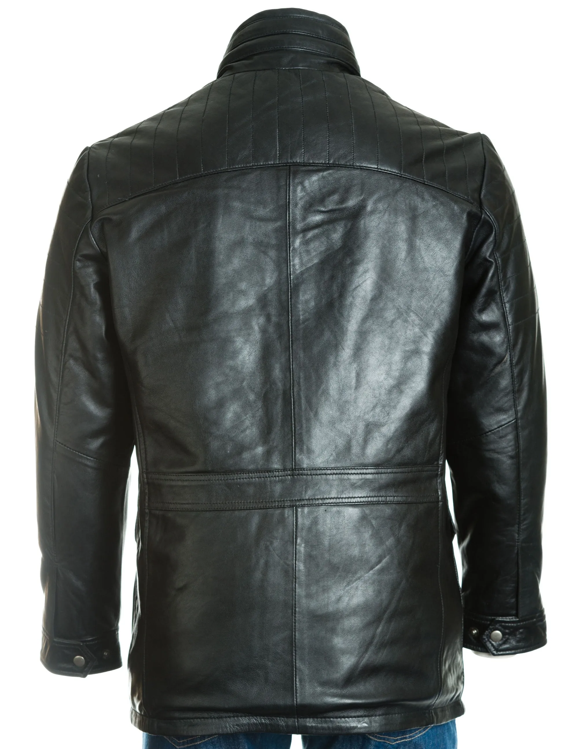 Men's Black Leather Coat With Shoulder Panel Stitch Detail: Enrico