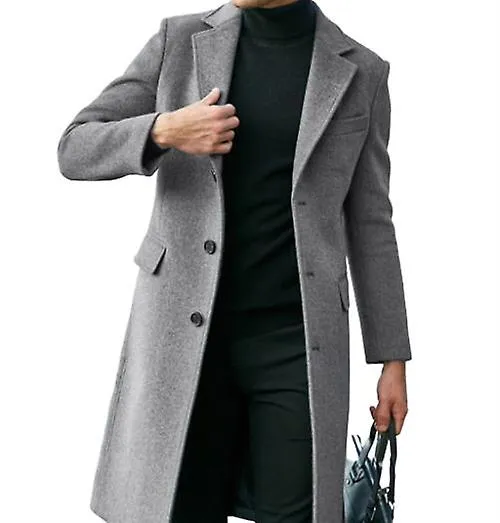 Mens Single Breasted Trench Coat Winter Warm Lapel Business Jacket Outerwear