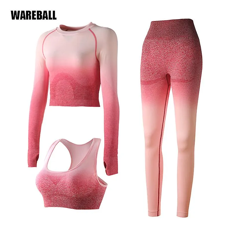 Ombre Mujeres Yoga Set Leggings sin costuras Manga larga Crop Top Sports Bra Running Pantalones Gym Clothing Fitness Workout Spo