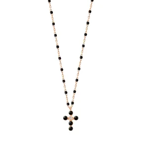 Pearled Cross Diamond Necklace, Black, Rose Gold, 16.5