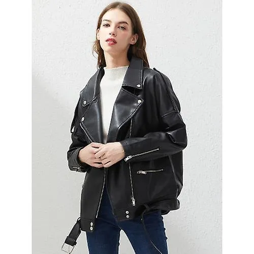 Pu Faux Leather Jacket Women Loose Sashes Casual Biker Jackets Outwear Female Tops Bf Style Black Leather Jacket Coat