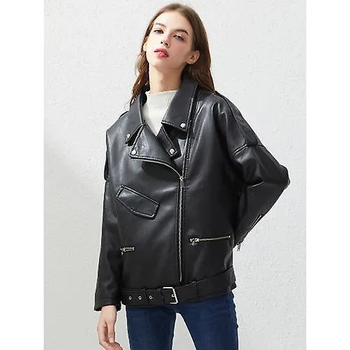 Pu Faux Leather Jacket Women Loose Sashes Casual Biker Jackets Outwear Female Tops Bf Style Black Leather Jacket Coat