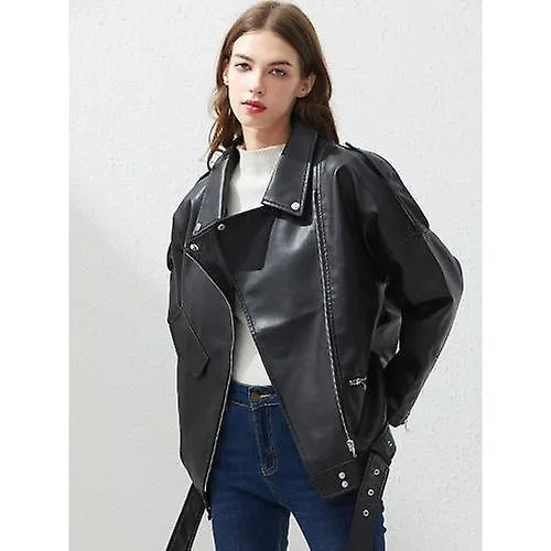 Pu Faux Leather Jacket Women Loose Sashes Casual Biker Jackets Outwear Female Tops Bf Style Black Leather Jacket Coat